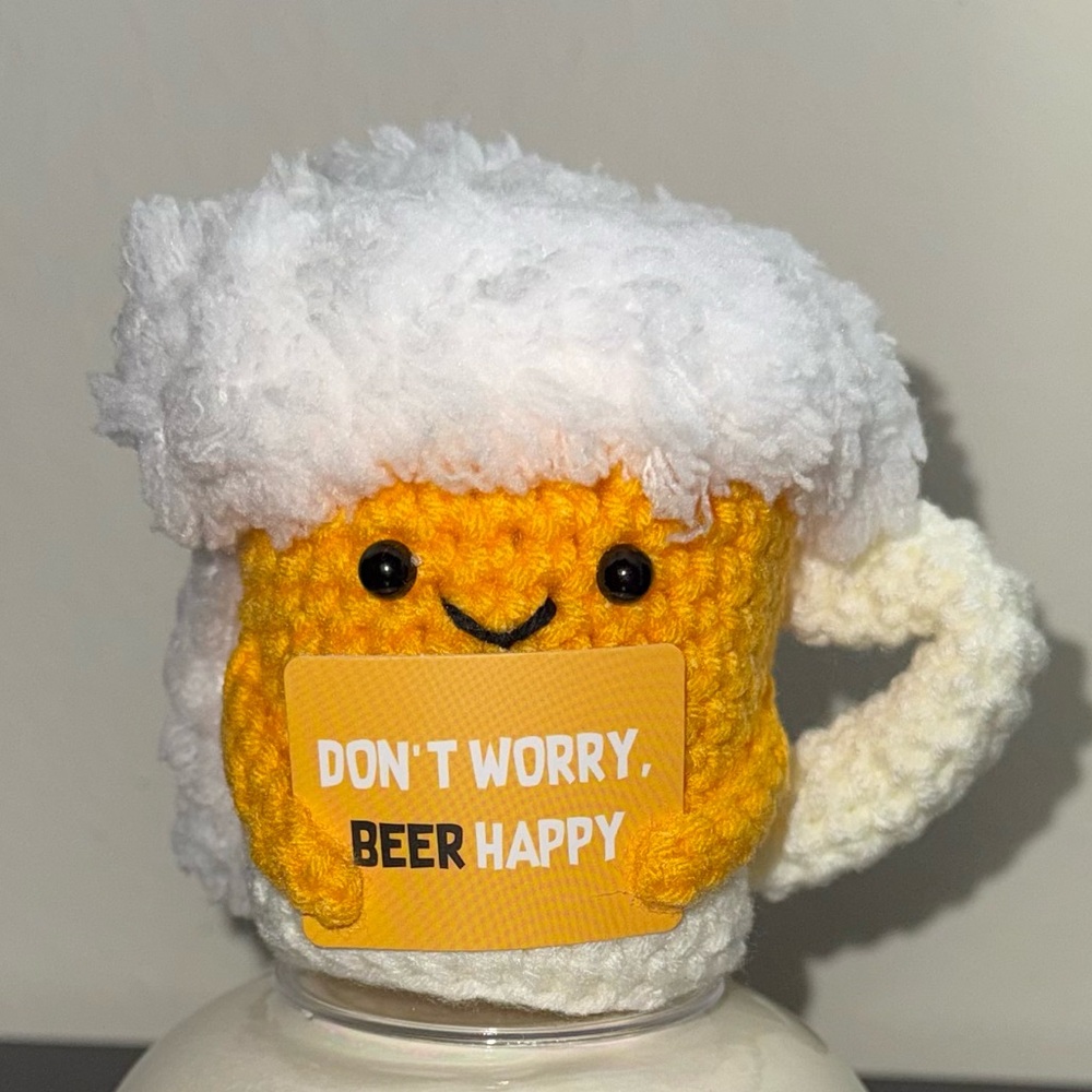 Crochet Beer Mug Plush Funny Bar Decor Gift “Don’t Worry Beer Happy”